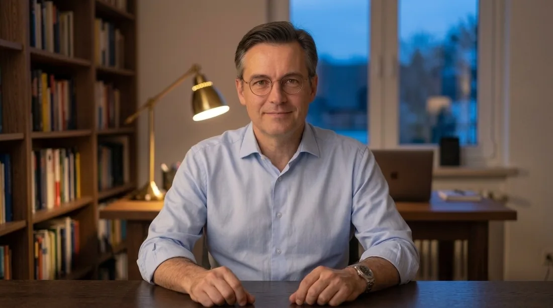 Jack, The Long Resignation's AI presenter, at a desk in a home study